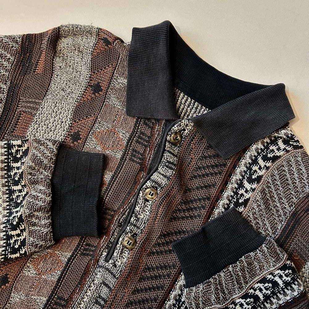 Vtg 3D Chunky Polo Collar Sweater Large Cotton Blend Cosby Texture Knit Biggie